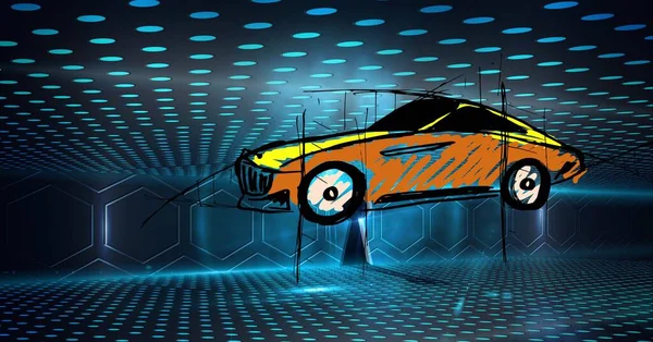 オレンジの車の図面とデジタル六角形と青のスポットの構成 地球規模のエンジニアリング 自動車産業 テクノロジー データ処理の概念デジタルで生成された画像 — ストック写真