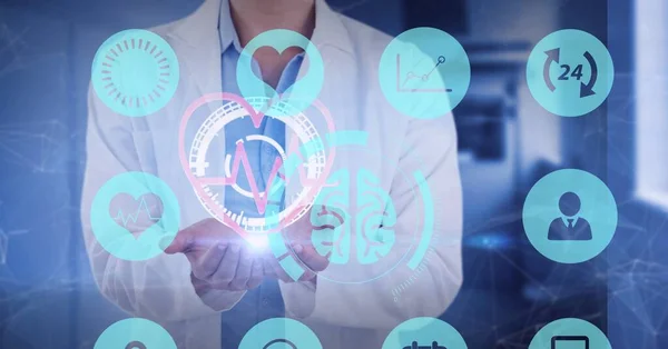 Zusammensetzung Medizinischer Symbole Über Ärztinnen Mit Virtuellem Scanner Globale Medizin — Stockfoto