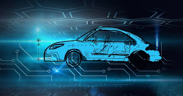 Samenstelling Van Digitale Zeshoeken Printplaat Tekening Van Auto Mondiaal Concept — Stockfoto