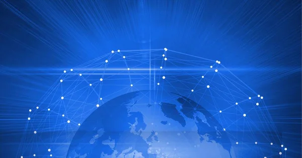 青の背景に世界中の接続のネットワークのデジタル画像を生成します 世界的なネットワーキングとテクノロジーの概念 — ストック写真