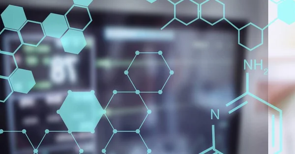 Composition of medical data and chemical compounds over out of focus hospital monitor. global science, medicine, digital interface and data processing concept digitally generated image