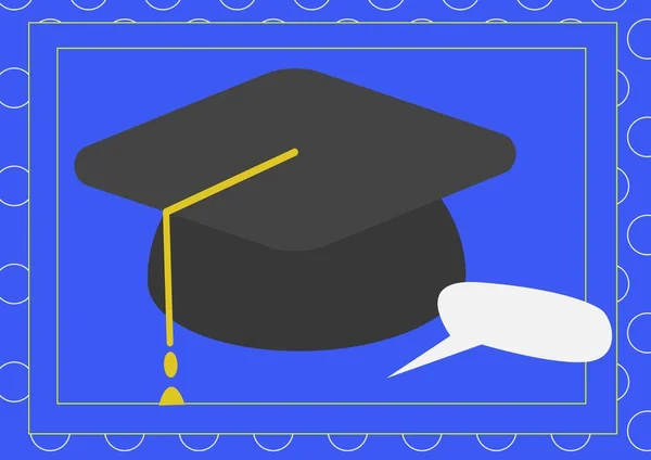 青い背景にフレーム内のスピーチバブルと卒業帽子の組成 卒業と教育の概念はデジタルで生成され — ストック写真