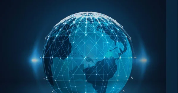 Cyfrowo Generowany Obraz Sieci Połączeń Globie Niebieskim Tle Globalna Koncepcja — Zdjęcie stockowe