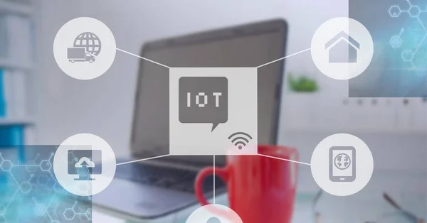 Composition of iot icon with network of connections over laptop. global internet of things connections, business, networking and digital interface concept digitally generated image.