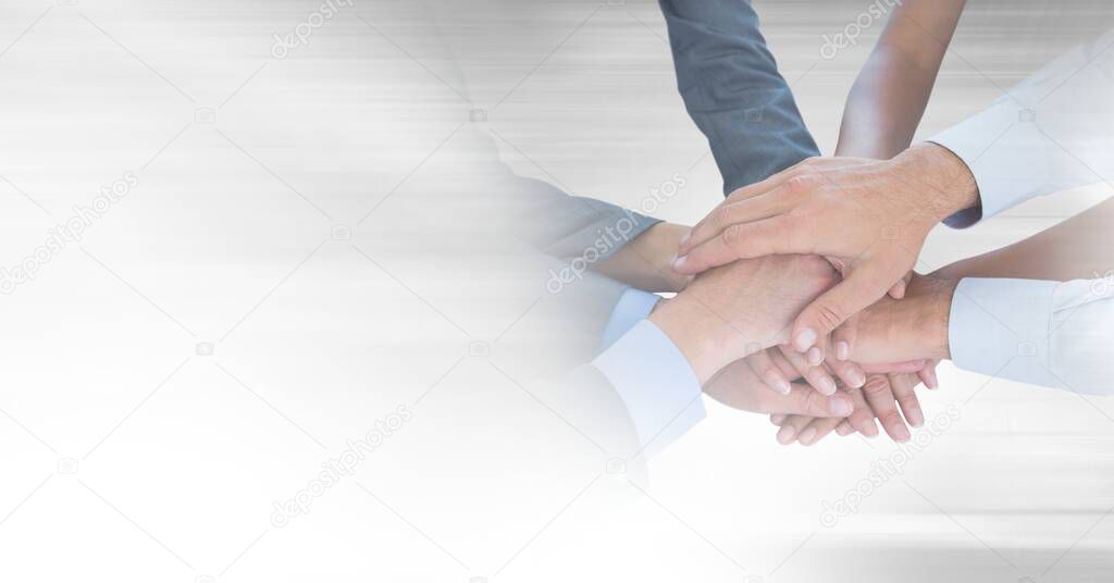 Composition of light background over group of businesspeople teaming up. global business, finance and networking concept digitally generated image.
