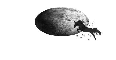 Beyaz arka planda tek boynuzlu at silueti ve ay, yaratıcılık ve fantezi kavramları. dijital olarak oluşturulmuş resim