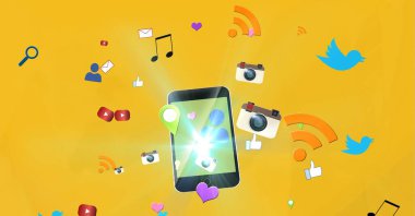 Sarı arka planda akıllı telefonun üzerinde birden fazla dijital simge var. küresel ağ ve bilgisayar arayüzü teknolojisi kavramı