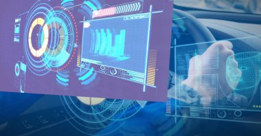 Dijital ekranın kompozisyonu ve insan sürücüsü üzerinde veri işlemesi. küresel iş, teknoloji ve dijital arayüz kavramı dijital olarak oluşturulmuş görüntü.