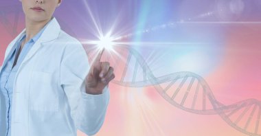 DNA ipliği üzerine beyaz kadın doktor kompozisyonu. küresel tıp ve dijital arayüz kavramı dijital olarak oluşturulmuş görüntü.