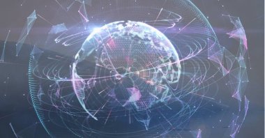 Arka planda peyzaj üzerindeki bağlantı ağıyla birlikte yerkürenin bileşimi. küresel ağlar, bağlantılar ve çevre konsepti dijital olarak oluşturulmuş görüntü.