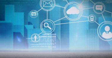 Şehir manzarası üzerindeki simgelerle bağlantı ağının bileşimi. küresel ağlar ve dijital arayüz konsepti dijital olarak oluşturulmuş görüntü.