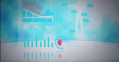 Ekrandaki istatistik, insan vücudu ve tıbbi veri işleme bileşimi. veri işleme, teknoloji, bilim ve tıp konsepti dijital olarak oluşturulmuş görüntü.