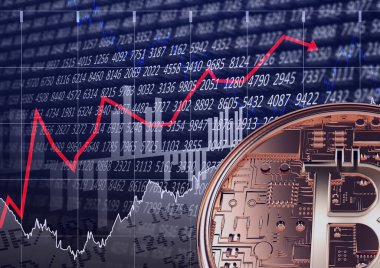 Borsa verileri ve grafik işleme, ekonomi ve kripto para kavramları üzerinde Bitcoin. dijital olarak oluşturulmuş resim