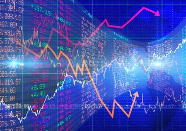 Borsa verileri ve grafikleri mavi arka plan, finans ve ekonomi kavramları üzerinde işliyor. dijital olarak oluşturulmuş resim