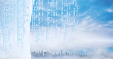 Şehir manzarası ve beyaz kenar üzerinde ikili kodlama kompozisyonu. küresel veri işleme, iş, bağlantılar ve dijital olarak oluşturulmuş görüntü teknolojisi konsepti.