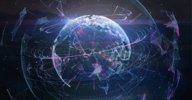 Arka planda peyzaj üzerindeki bağlantı ağıyla birlikte yerkürenin bileşimi. küresel ağlar, bağlantılar ve çevre konsepti dijital olarak oluşturulmuş görüntü.