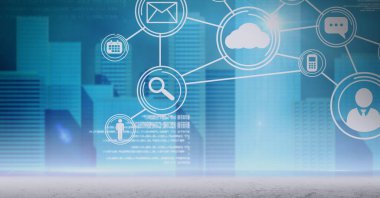 Şehir manzarası üzerindeki simgelerle bağlantı ağının bileşimi. küresel ağlar ve dijital arayüz konsepti dijital olarak oluşturulmuş görüntü.