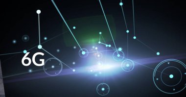 Parlak bağlantı ağı üzerinden 6G metin kompozisyonu. küresel bağlantı, ağlar, teknoloji, veri işleme ve dijital arayüz konsepti dijital olarak oluşturuldu.