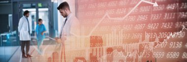 Hastanedeki doktorlar üzerinde finansal veri işleme bileşimi. finans ve sağlık konsepti dijital olarak oluşturulmuş görüntü.