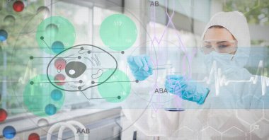 Elinde deney tüpü tutan bilim adamının DNA ipliği ve tıbbi veri işleme bileşimi. küresel tıp ve araştırma konsepti dijital olarak oluşturulmuş görüntü.