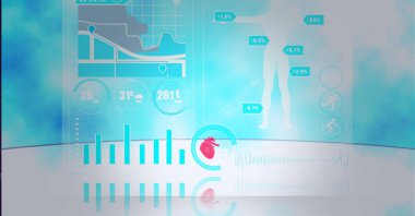 Ekrandaki istatistik, insan vücudu ve tıbbi veri işleme bileşimi. veri işleme, teknoloji, bilim ve tıp konsepti dijital olarak oluşturulmuş görüntü.