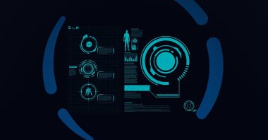 Ekranda tarama yapan tıbbi simgelerin ve siyah arkaplanda mavi dairelerin bileşimi. küresel tıp ve veri işleme kavramı dijital olarak oluşturulmuş görüntü.