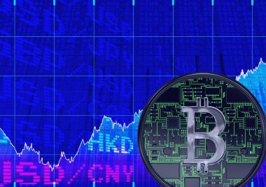 Borsa verileri ve grafik işleme, ekonomi ve kripto para kavramları üzerinde Bitcoin. dijital olarak oluşturulmuş resim