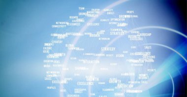 Bağlantılar ağı ve iş konsepti metinleri mavi arkaplandaki yuvarlak tarayıcıya karşı. küresel ağ ve iş teknolojisi kavramı