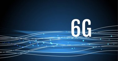 Mavi arkaplanda benekleri olan ışık yollarının üzerine 6 G metin kompozisyonu. küresel ağlar, bağlantılar ve veri işleme konsepti dijital olarak oluşturulmuş resim.