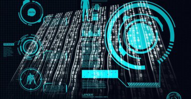 Siyah arkaplanda ikili kodlama, tıbbi simgeler ve veri işleme bileşimi. küresel tıp, fiziksel aktivite, teknoloji ve dijital arayüz kavramı dijital olarak oluşturulmuş görüntü.