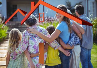 Bilgisayar, çok nesilli mutlu bir aile, aile ve konut kavramlarının ana hatlarını oluşturdu. dijital olarak oluşturulmuş resim