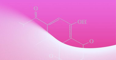 Pembe arka plandaki beyaz kimyasal bileşiklerin bileşimi. küresel araştırma, tıp ve bilim konsepti dijital olarak üretilen görüntü.