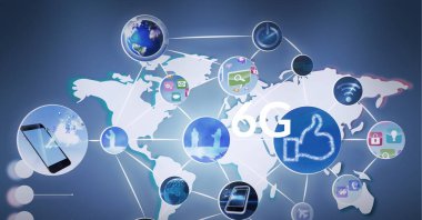 6G metin ve bağlantı ağlarının bileşimi mavi arkaplan üzerinde dünya haritası üzerindeki simgelerle. küresel ağlar, iletişim ve teknoloji konsepti dijital olarak oluşturulmuş görüntü.