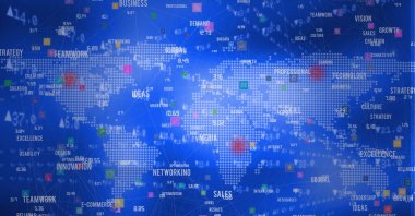 Borsa veri işleme ve iş konsepti metinleri dünya haritası üzerinden mavi arka plana karşı. küresel finans ve iş kavramı