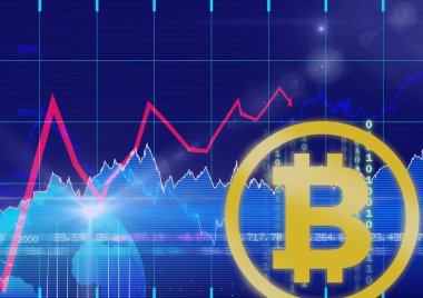 Borsa verileri ve grafik işleme, ekonomi ve kripto para kavramları üzerinde Bitcoin. dijital olarak oluşturulmuş resim