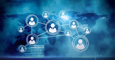 Mavi arkaplana karşı dünya haritasında çoklu profil simgeleri ve veri işleme ağı. küresel ağ ve teknoloji kavramı