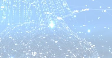 Mavi arkaplandaki bağlantı ağının bileşimi. küresel bağlantılar, teknoloji ve dijital arayüz kavramı dijital olarak oluşturulmuş görüntü.