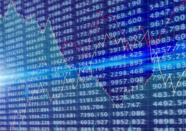 Borsa verileri ve grafikleri mavi arka plan, finans ve ekonomi kavramları üzerinde işliyor. dijital olarak oluşturulmuş resim