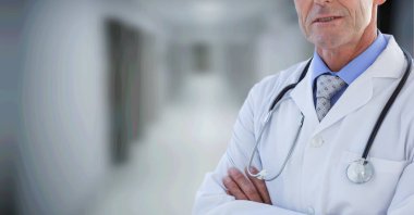 Laboratuvar önlüklü ve steteskoplu bir erkek doktorun orta bölümünün bileşimi. tıp ve sağlık konsepti dijital olarak oluşturulmuş görüntü.