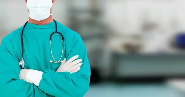 Sección Media Del Médico Caucásico Con Estetoscopio Guantes Máscara Con — Foto de Stock