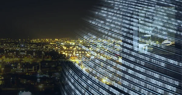 Sammansättning Binär Kodning Över Stadsbilden Natten Globalt Databehandlings Affärs Anslutnings — Stockfoto