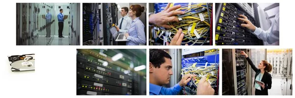 Composite Eight Images Processors Technicians Tech Room Maintaining Computer Servers — Stock Photo, Image