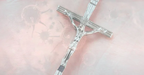 Composition Silver Christian Cross Covid Cells Pink Background Global Coronavirus — Stock Photo, Image