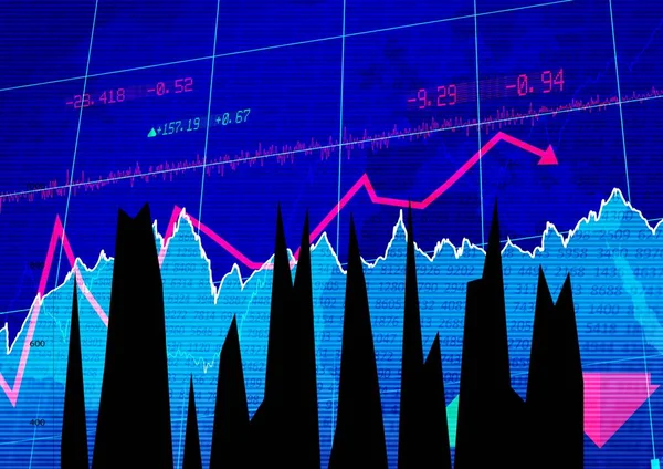 Dados Mercado Ações Processamento Gráficos Sobre Fundo Azul Finanças Conceitos — Fotografia de Stock