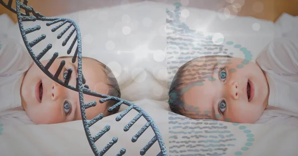 Bebé Caucásico Con Ojos Azules Mirando Cámara Con Concepto Adn — Foto de Stock