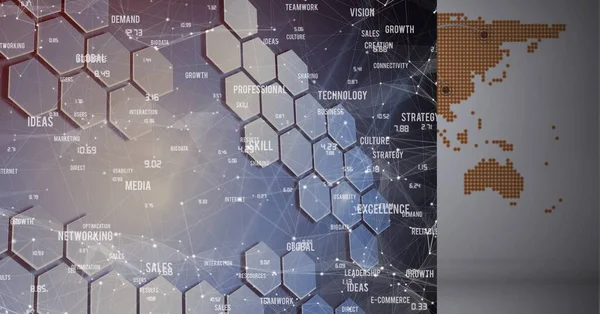 Composição Rede Conexões Com Texto Negócios Ícones Sobre Hexágonos Mapa — Fotografia de Stock