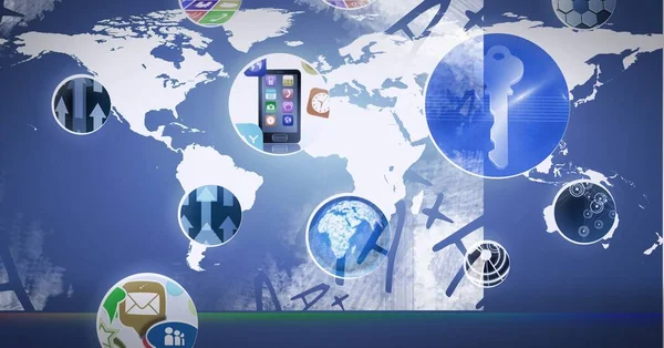 Sammansättning Nätverk Anslutningar Med Ikoner Över Världskartan Globalt Nätverk Teknik — Stockfoto