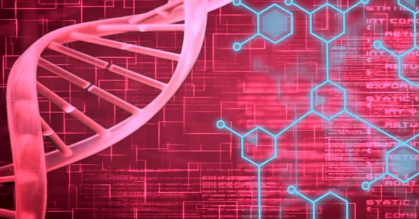 Zusammensetzung Des Dna Strangs Und Der Medizinischen Datenverarbeitung Auf Rotem — Stockfoto