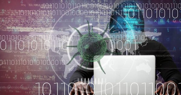 Состав вирусной клетки ковида 19 и двоичной обработки данных кодирования через хакера с помощью ноутбука. глобальная пандемия вирусов и концепция кибератаки в цифровом виде.