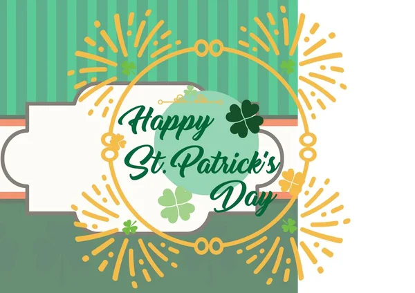Composition Happy Patrick Day Text Yellow Frame Clover Green Stripes — Stock Photo, Image